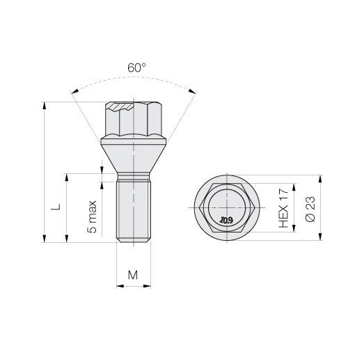 PARAFUSO DE RODA 12X1,25 Hex17 Comprimento 30mm