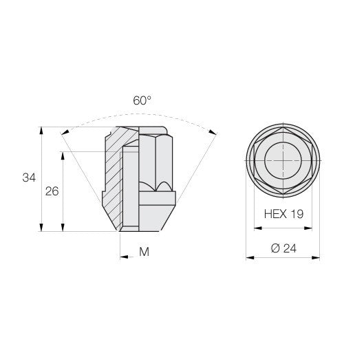 NUT 19 12X1.5 length 34mm