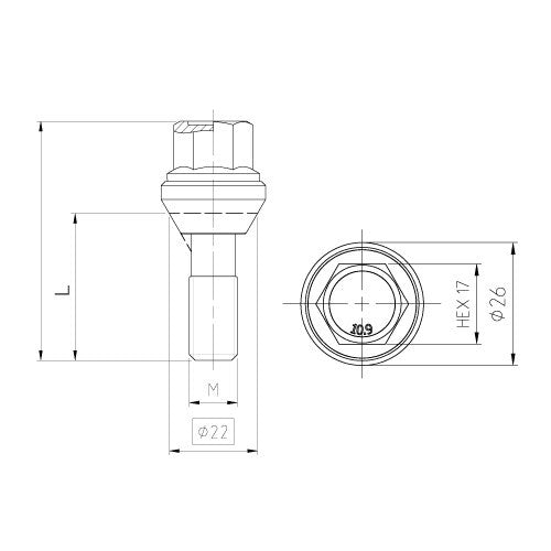 PARAFUSO DE RODA EXCÊNTRICO 12X1,5 Hex17 Comprimento 27mm